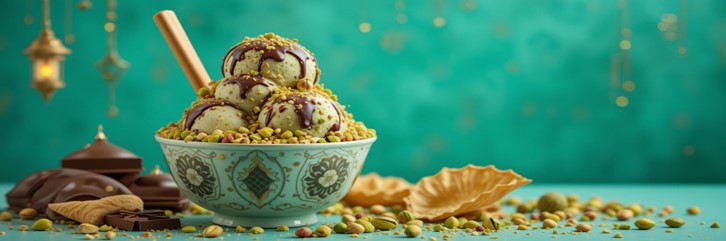 Celebrate Eid With A Viral Dubai-Style Pistachio Chocolate Ice Cream featured image 637x1920w bowl of pistachio and chocolate ice cream with fresh pistachios filo pastry and chocolate to the side Frosted Fusions