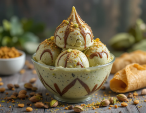 Celebrate Eid With A Viral Dubai-Style Pistachio Chocolate Ice Cream image 2 bowl of pistachios and chocolate ice cream with fresh pistachios and filo pastry Frosted Fusions