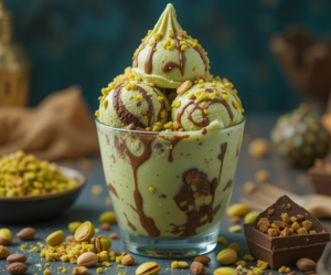 Celebrate Eid With A Viral Dubai-Style Pistachio Chocolate Ice Cream image 4 Glass cup of pistachio and chocolate ice cream with fresh pistachios and chocolate Frosted Fusions