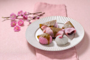 Cherry Blossom & Honey Sorbet – A Delicate Spring Recipe image 5 sakura and mochi served in match tea leaf Frosted Fusions Cherry Blossom & Honey Sorbet – A Delicate Spring Recipe image 5 sakura and mochi served in match tea leaf Frosted Fusions