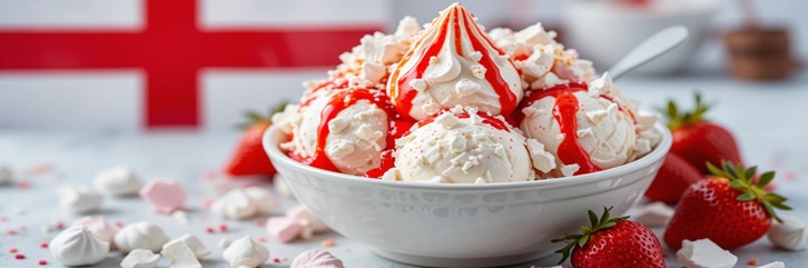 Homemade-Eton-Mess-Inspired-Ice-Cream-To-Celebrate-St-Georges-Day featured image 637x1920w bowl of Eton Mess Ice cream with fresh strawberries and coulis and St Georges Flag in the background Frosted-Fusions