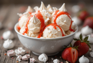 Homemade-Eton-Mess-Inspired-Ice-Cream-To-Celebrate-St-Georges-Day-image-5 bowl of ice cream with meringues and strawberry coulis and fresh strawberries to the side Frosted Fusions