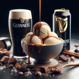 Homemade Guinness Ice Cream – A Bold Frozen Fusion Image 3 a bowl of Guinness Ice Cream with caramel sauce drizzled and a glass of Guinness and can to the side Frosted Fusions