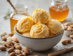 Honey, Yoghurt & Toasted Almond Ice Cream – A Naturally Sweet Scoop image 1 bowl of honey ice cream with a glass jar of honey and fresh almonds Frosted Fusions