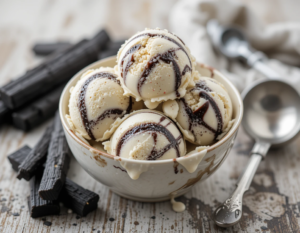 National Liquorice Day – Meets A Bold, Homemade Ice Cream image 2 bowl of liquorice swirled ice cream with pieces of liquorice and ice cream scoop to the side Frosted Fusions