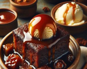 Sticky Toffee Pudding Ice Cream – A Delicious Fusion Of Flavours image 7 pice of sticky toffee with scoop of ice cream and toffee sauce drizzled a top Frosted Fusions