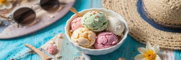 Summertime, And The Ice Cream Is Easy – It’s Ice Cream Time featured Image 637x1920w bowl of scoops of ice cream with sunglasses and summer hat Frosted Fusions