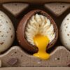 The Easter Ice Cream Egg Illusion A Fun Unexpected Easter Treat Featured Image 637x1920w 5 eggs white and milk choc speckled eggs with one cut open showing vanilla ice cream centre with mango yolk Frosted Fusions