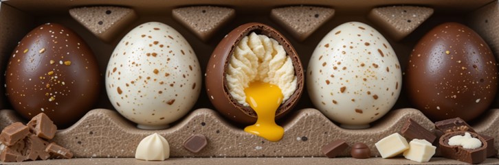 The Easter Ice Cream Egg Illusion A Fun Unexpected Easter Treat Featured Image 637x1920w 5 eggs white and milk choc speckled eggs with one cut open showing vanilla ice cream centre with mango yolk Frosted Fusions