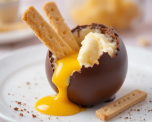 The Easter Ice Cream Egg Illusion A Fun Unexpected Easter Treat Image 11 milk choc egg filled with vanilla ice cream with mango coulis yolk and biscuit soldiers Frosted Fusions