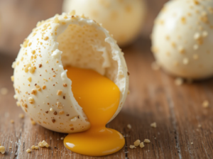 The Easter Ice Cream Egg Illusion A Fun Unexpected Easter Treat Image 5 white choc speckled egg cracked open with mango yolk oozing out Frosted Fusions