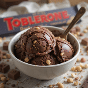 Tribute To Dark Chocolate Toblerone – Make Your Own Homemade Ice Cream Version image 2 bowl of dark chocolate ice ice cream with pieces of nougat and dark choc Toblerone Frosted Fusions