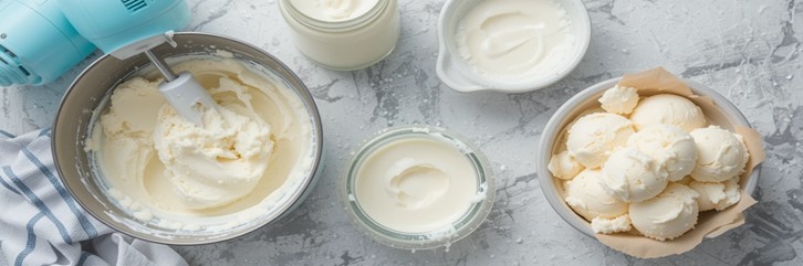 Troubleshooting-Tips-And-Tricks-For-No-Churn-Ice-Cream-featured-image-637x1920w-top-view-showing-basic-no-churn-ice-cream-equipment-and-bowl-of-soft-no-churn-ice-cream-Frosted-Fusions