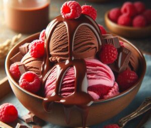 Turn M&S’s Viral Easter Eggs Into Indulgent Chocolate Ice Cream Desserts image 4 Chocolate & Raspberry indulgence ice cream with choicolate sauce drizzled and fresh ras[berries Frosted Fusions
