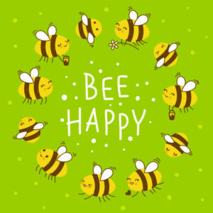 Bee Happy – A Celebration Of Bees, Honey & Ice Cream Image 3 Several bees in a circle with caption Bee Happy Green background Frosted Fusions