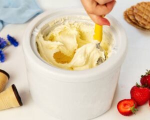 Beginner’s Guide To The Best Ice Cream Makers – Which One’s Right For You image 6 ice cream in a churner bowl with waffle cones to the side Frosted Fusions