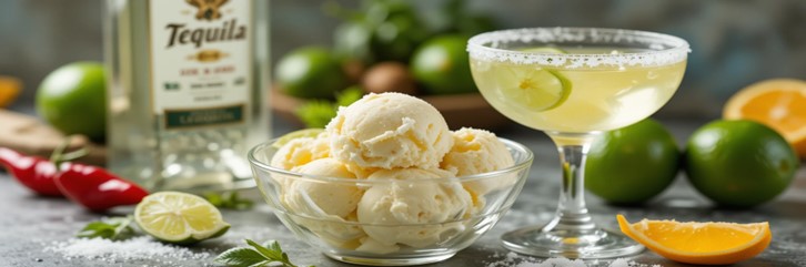 Celebrate Cinco De Mayo With A Tequila Ice Cream – A Taste Of Mexico Featured image 637x1920w bowl of ice cream with a bottle of tequila limes margerita glass and chillis Frosted Fusions