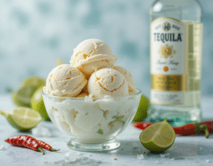 Celebrate Cinco De Mayo With A Tequila Ice Cream – A Taste Of Mexico image 4 bowl of ice cream with a bottle of tequila and limes and chillis Frosted Fusions