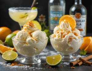 Celebrate Cinco De Mayo With A Tequila Ice Cream – A Taste Of Mexico image 6 bowls of ice cream garnished with limes oranges chillis and cinnamon bottles of tequila Frosted Fusions