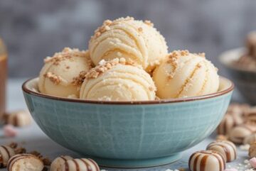 Homemade-Humbug-ice-cream-recipe-featured-image-637x1920w-bowl-of-ice-cream-with-a-glass-jar-of-toffee-sauce-and-humbug-sweets-scattered-around-Frosted-Fusions