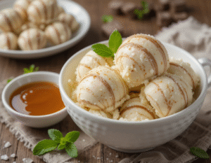 Homemade Humbug ice cream recipe image 6 bowl of striped humbug ice cream with a dish of thick toffee sauce to the side and fresh peppermint leaves Frosted Fusions