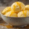 Honey & Mustard Ice Cream – A Unique, Sweet & Savoury Scoop! Featured image 637x1920w bowl of honey & mustard ice cream with jar of honey and dish of mustard Frosted Fusions