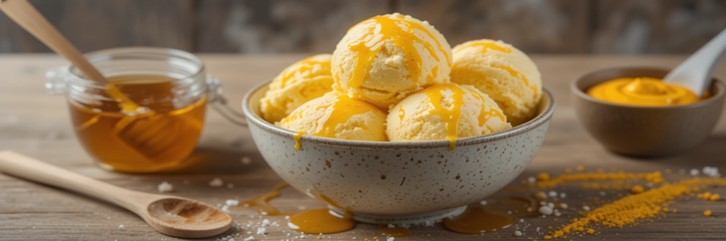 Honey & Mustard Ice Cream – A Unique, Sweet & Savoury Scoop! Featured image 637x1920w bowl of honey & mustard ice cream with jar of honey and dish of mustard Frosted Fusions