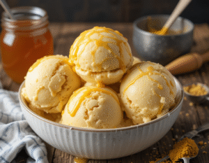 Honey & Mustard Ice Cream – A Unique, Sweet & Savoury Scoop! image 1 bowl of honey & mustard ice cream with jar of honey and dish of mustard in the background Frosted Fusions