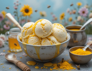 Honey & Mustard Ice Cream – A Unique, Sweet & Savoury Scoop! image 5 bowl of honey and mustard ice cream with flowers and honeybees in the background Frosted Fusions