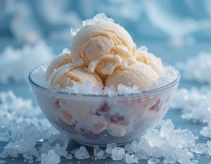 Learn How To Make Low-Sugar Ice Cream Without Losing Flavour image 1 glass bowl of ice cream with ice crystals Frosted Fusions