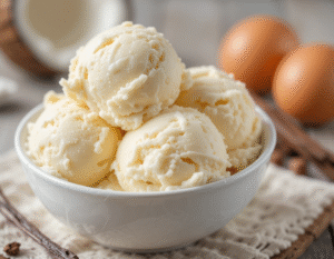 Learn How To Make Low-Sugar Ice Cream Without Losing Flavour image 2 bowl of vanilla ice cream with eggs and half a coconut in the background Frosted Fusions