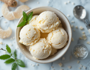 Learn How To Make Low-Sugar Ice Cream Without Losing Flavour image 3top view of a bowl of Vanilla ice cream with monk fruit and stevia to the side Frosted Fusions