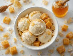 Minecraft-Inspired Ice Cream Recipes – Scoops From The Blocky World Image 4 Villager Vanilla Bean and honeycomb crunch bowl of ice cream top view Frosted Fusions