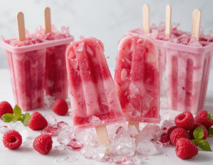 Minecraft-Inspired Ice Cream Recipes – Scoops From The Blocky World Image 7 Redstone Raspberry Pops with raspberry lollies moulds with fresh raspberries Frosted Fusions