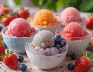 Naturally-Sweet-Sorbets-For-Summer-–-Healthy-Easy-Dessert-Ideas-image-1-selection-of-sorbets-in-bowls-with-fresh-fruits-scattered-Frosted-Fusions