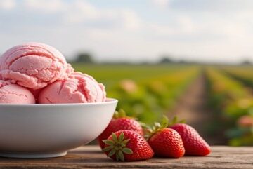 Strawberry Fields To Freezers – Summer’s Best Strawberry Frozen Dessert Recipes Featured Image 637x1920w bowl of strawb ice cream with a strawberry field in the background Frosted Fusions