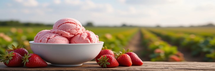 Strawberry Fields To Freezers – Summer’s Best Strawberry Frozen Dessert Recipes Featured Image 637x1920w bowl of strawb ice cream with a strawberry field in the background Frosted Fusions