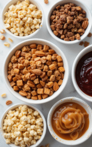 Sundae-Funday-–-Your-Guide-To-Creating-A-DIY-Ice-Cream-Bar-At-Home-image-4-selection-of-crushed-biscuits-popcorn-nuts-chocolate-and-fudge-sauce-in-white-bowls-top-view-Frosted-Fusions