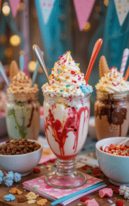 Sundae Funday – Your Guide To Creating A DIY Ice Cream Bar At Home image 5 Sundae bar set up with three sundaes filled and lots of decor Frosted Fusions
