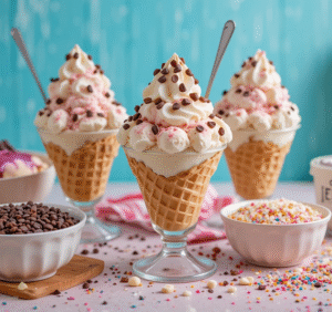 Sundae Funday – Your Guide To Creating A DIY Ice Cream Bar At Home image 8 sundae glasses filled with ice cream and cream and sprinkles with long spoons Frosted Fusions