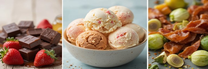 Sweet & Savoury Ice Cream – Unlikely Combos That Totally Work Featured image 637x1920w choco strawbs one side ice cream in the middle and bacon and brussels the other side Frosted Fusions