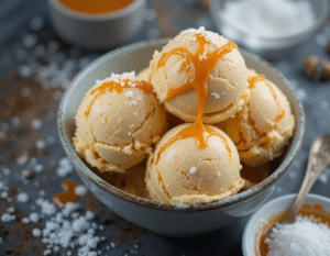 Sweet & Savoury Ice Cream – Unlikely Combos That Totally Work image 1 bowl of salted caramel ice cream with a bowl of salt granules and caramel sauce Frosted Fusions