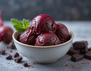Sweet & Savoury Ice Cream – Unlikely Combos That Totally Work image 2 bowl of Dark chocolate and beetroot ice cream with chunks of choc and fresh beetroot Frosted Fusions
