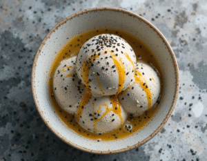 Sweet & Savoury Ice Cream – Unlikely Combos That Totally Work image 3 bowl of black sesame ice cream with yuzu sauce and black sesames sprinkled over top view Frosted Fusions