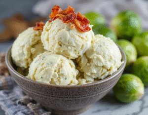 Sweet & Savoury Ice Cream – Unlikely Combos That Totally Work image 5 bowl of Brussels sprouts ice cream garnished with pieces of bacon Frosted Fusions
