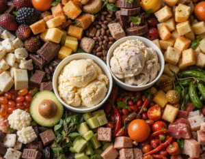 Sweet-Savoury-Ice-Cream-–-Unlikely-Combos-That-Totally-Work-image-6-bowls-of-ice-cream-surrounded-by-a-selectin-of-savoury-and-sweet-ingredients-top-view-Frosted-Fusions