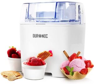 Budget-Vs-Premium-Ice-Cream-Makers-–-Which-One-Is-Best-For-You-Image-6-Duronic-ice-cream-maker-with-ice-cream-surrounding-it-Frosted-Fusions