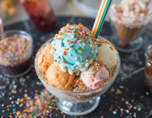 Celebrate-Pride-Month-With-Colour-Flavour-And-Ice-Cream-image-5-glass-dessert-dish-of-rainbow-ice-cream-with-sprinkles-Frosted-Fusions