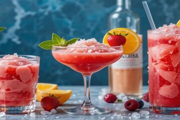 Cocktail-Inspired Ice Creams, Sorbets & Ice Lollies For Long Hot Summer Days Featured Image 637x1920w brightly coloured sorbet cocktails and fresh fruit with alcohol bottles in the background Frosted Fusions