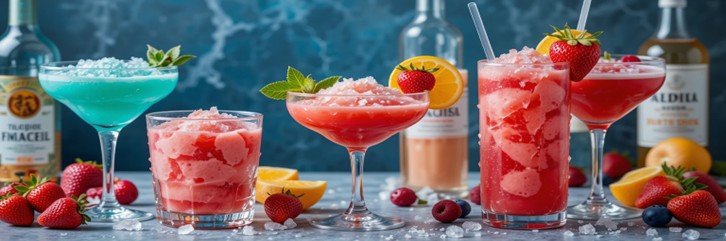 Cocktail-Inspired Ice Creams, Sorbets & Ice Lollies For Long Hot Summer Days Featured Image 637x1920w brightly coloured sorbet cocktails and fresh fruit with alcohol bottles in the background Frosted Fusions